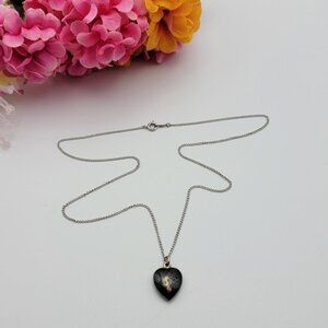 Vintage Aco 925 Sterling Silver Black Onyx Stone Siam Heart Necklace 18 Inch